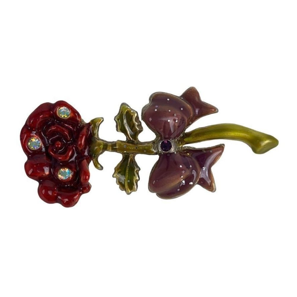 AJMC‎ Enameled Red Rose Brooch Pin Rhinestones Purple Bow Glitter Cottagecore